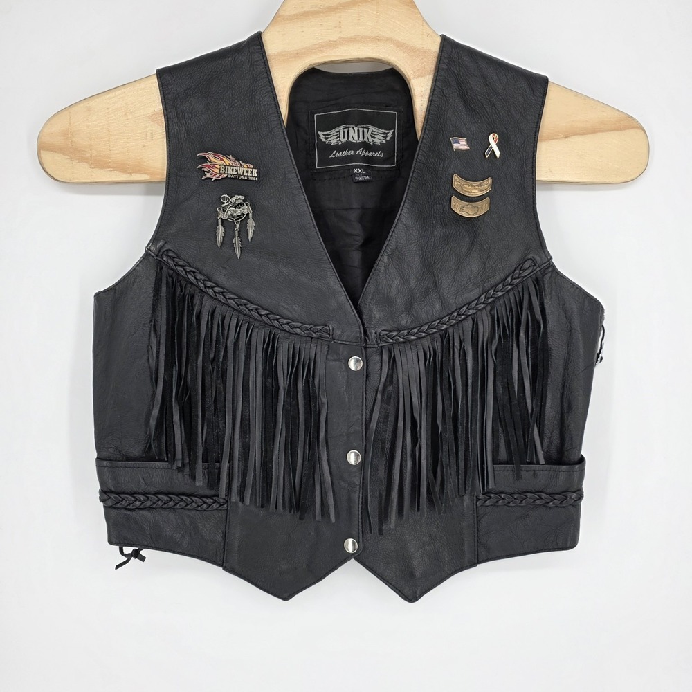 UNIK Woman Black Leather Biker Vest 2XL Fringe Vintage Pins Tassels  Motorcycle